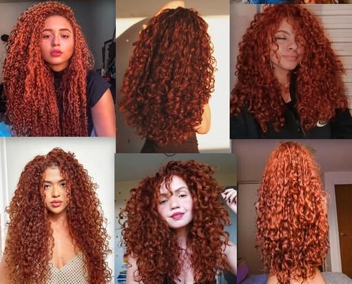 Mujer con cabello rizado hidratado y brillante aplicando tratamiento natural